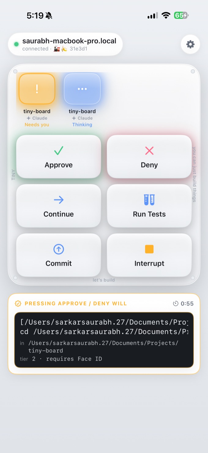 The TINY grid — Claude agents as glowing keys, with Approve/Deny and a sealed git command